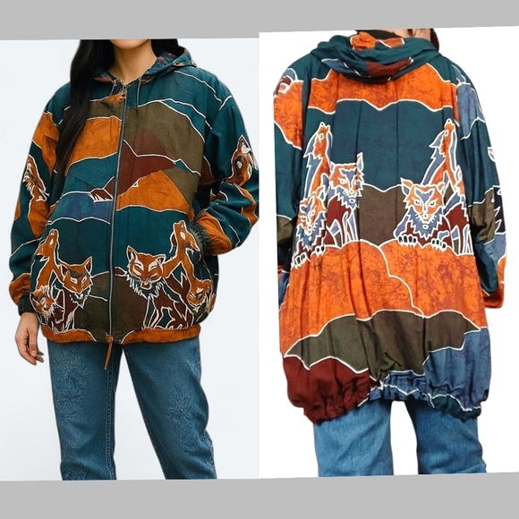 Vintage Boho Art Wolves Reversible Oversized Jacket M/L - Picture 1 of 5